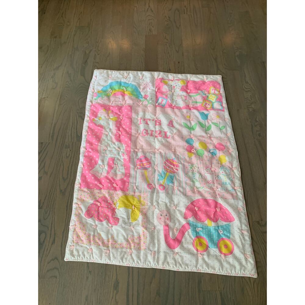 It's a Girl, Quilt, 41x30", 1980s, Pink, Rectangle, Cute, Toys, ~ 230710-MEL 2